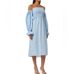 Sleeper Atlanta Linen Dress In Blue Off-Shoulder Midi Dress Size XL